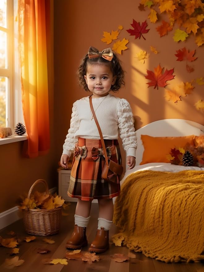 Toddler Baby Girl Plaid Dress Puff Sleeve Bow Patchwork Ribbed Shirts Dress Plaid Fall Winter Outfits with Headband
