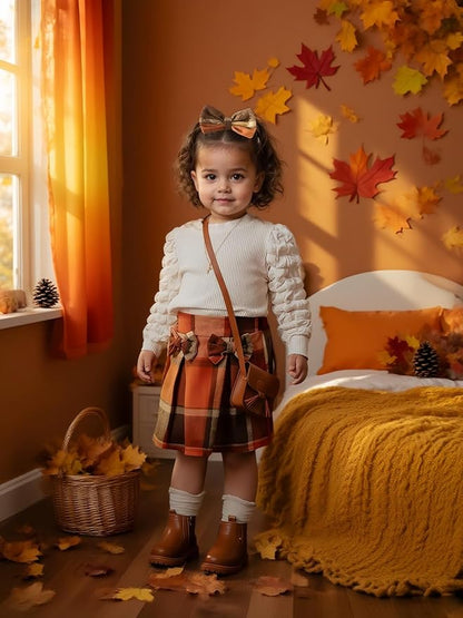 Toddler Baby Girl Plaid Dress Puff Sleeve Bow Patchwork Ribbed Shirts Dress Plaid Fall Winter Outfits with Headband