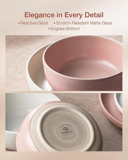 Famiware Milkyway Plates and Bowls Sets, 12 Pieces Dinnerware Sets, Reactive Glaze Dish Set, Stoneware Dishes Set for 4, Matte Beige White & Light Pink