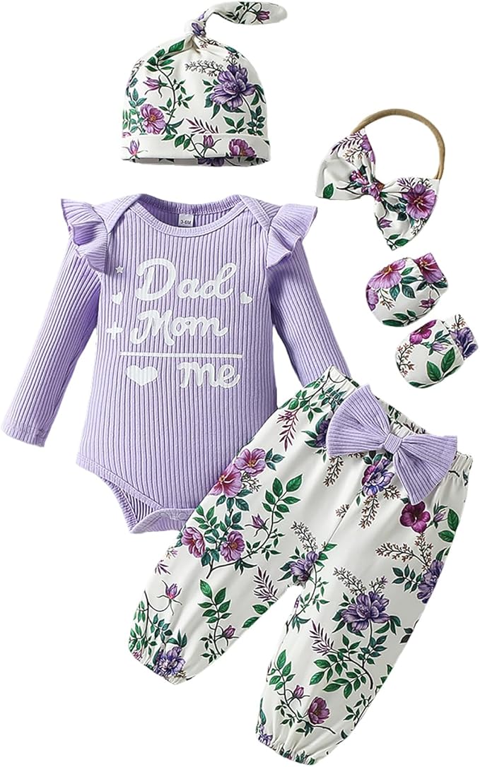 ChuYuKu Baby Girls Newborn Long Sleeve Romper Infant Winter Clothes Floral Pants Outfits with Headband & Mittens 0-6M