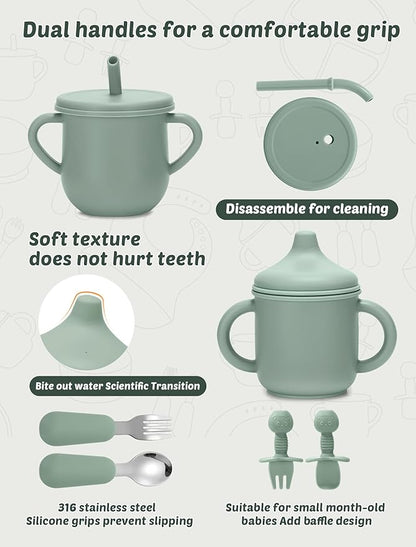 Silicone Baby Feeding Set, 18PCS Baby Led Weaning Supplies, Eating Essentials Utensils with Suction Plate and Bowl, Adjustable Silicone Bib, for 6+ Months (Green+Brown)