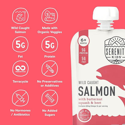 Serenity Kids 6+ Months Baby Food Pouches Puree Made With Ethically Sourced Meats & Organic Veggies | 3.5 Ounce BPA-Free Pouch | Wild Caught Salmon, Butternut Squash, Beet | 1 Count