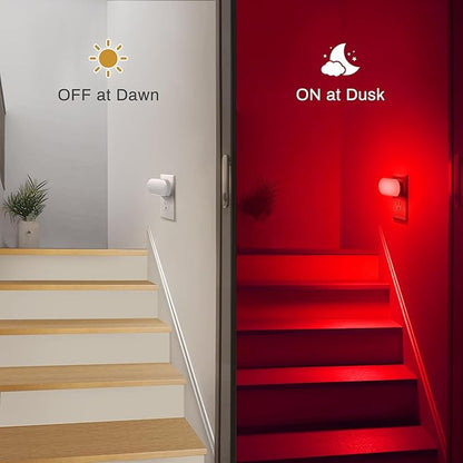 DORESshop Red Night Light, Auto On/Off, 0-100 LM Adjustable Brightness, Dimmable Plug Into Wall Light Sensor Night Light for Kids Room, Bedroom, Stair Lights, 1W, 2 Pack