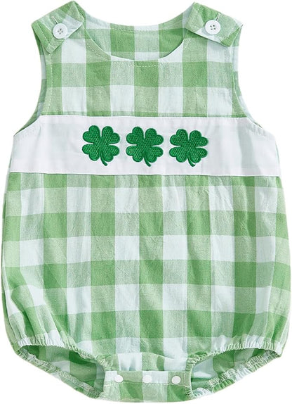 Sasaerucure Newborn Infant Baby Boy St Patricks Day Outfit Clover Onesie Green Plaid Romper One Piece Sleeveless Bodysuit