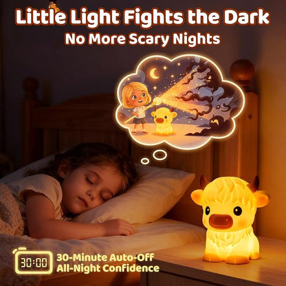 Mewaii Huggwaii Highland Cow Night Light for Kids, Dimmable Squishy Silicone Animal Night Light Touch Cow Lamp, Highland Cow Gifts for Nursery with 30 Auto-Off Timer, Cute Decor for Boys Girls Women