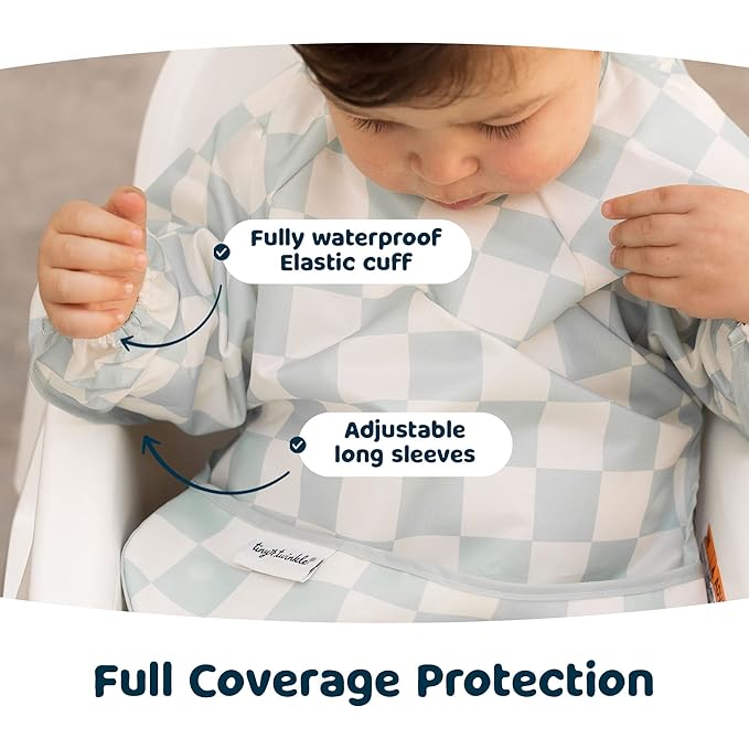 Tiny Twinkle Long Sleeve Bib for Babies & Toddlers | 2-Pack Waterproof Smock Bib for Eating | Machine Washable & Mess-Proof Feeding Essentials | Newborn Shower Gift (Black,Sage Checkers, 6-24M)