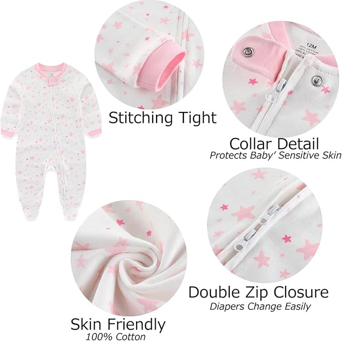 Newborn Baby Boy Girls Clothes 2-Way Zip Footed Cotton Bodysuit 3-Pack Long Sleeve Outfits 0-12Months Baby Pajamas