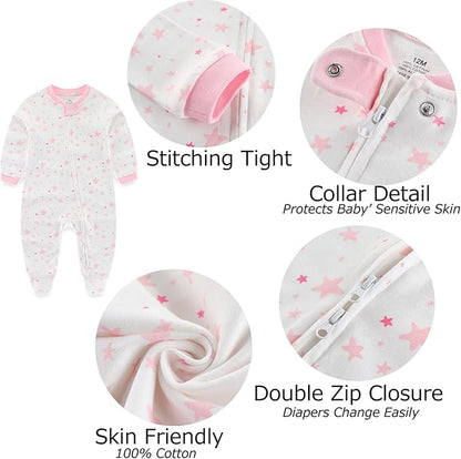 Newborn Baby Boy Girls Clothes 2-Way Zip Footed Cotton Bodysuit 3-Pack Long Sleeve Outfits 0-12Months Baby Pajamas