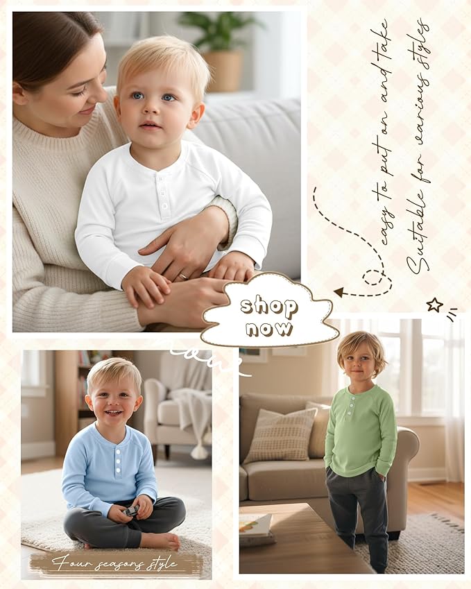 4 Pack Boys' Long Sleeve Shirts Girls' Henley Tees Toddler Baby Knit Casual Tops Kids Fall Clothes Unisex