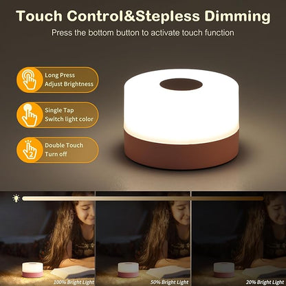 JUSHENG Night Light for Baby Nursery, Rechargeable LED Touch Light with 3CCT & Stepless Dimming Function, Portable Bedside Lamp Tap Lights Battery Powered for Breastfeeding, Kids, Nightstand-Pink