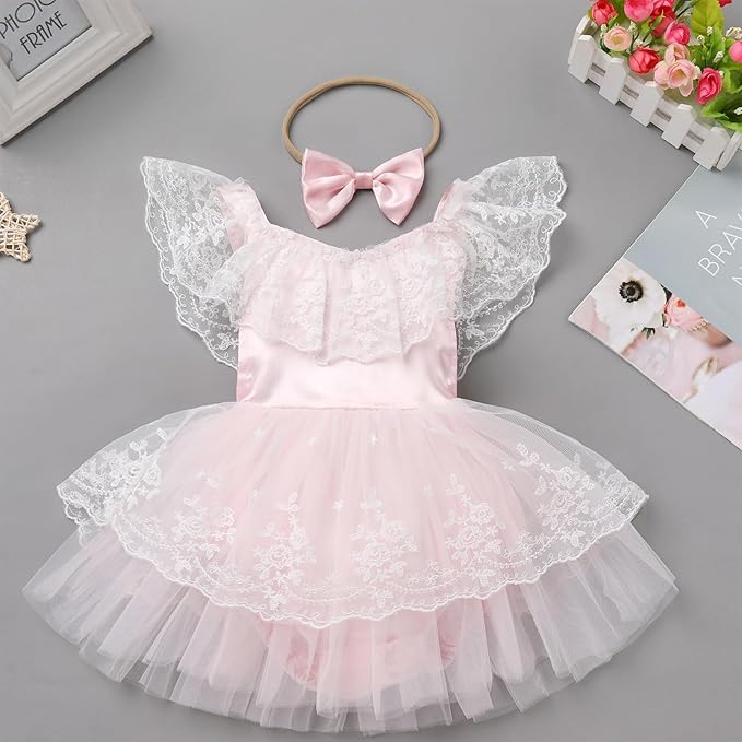 FYMNSI Infant Baby Girl 1st Birthday Outfit Floral Lace Tulle Romper Tutu Dress Headband 2PCS Bodysuit Princess Summer Clothe