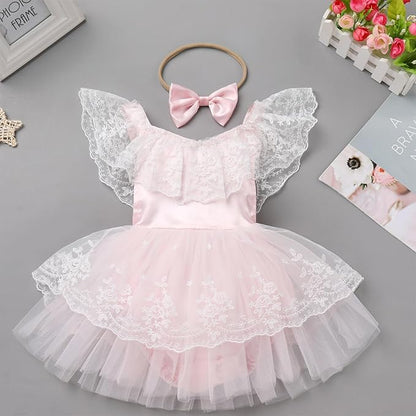 FYMNSI Infant Baby Girl 1st Birthday Outfit Floral Lace Tulle Romper Tutu Dress Headband 2PCS Bodysuit Princess Summer Clothe