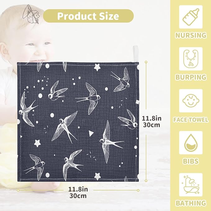 vvfelixl Baby Muslin Washcloths Swallow Bird Baby Burp Cloths Cotton Baby Face Towel for Newborn Infants Boys Girls Soft and Absorbent 11.8 X 11.8 in, 3 Pack