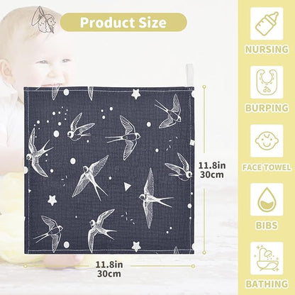 vvfelixl Baby Muslin Washcloths Swallow Bird Baby Burp Cloths Cotton Baby Face Towel for Newborn Infants Boys Girls Soft and Absorbent 11.8 X 11.8 in, 3 Pack