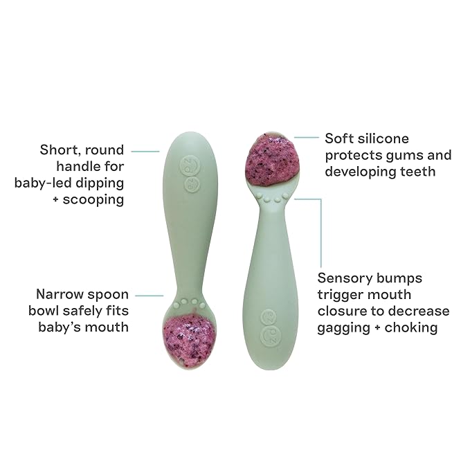 ezpz Tiny Spoon (2 Pack in Sage) - 6 Months+ - 100% Silicone Spoon for Baby Led Weaning + Purees - Designed by a Pediatric Feeding Specialist - Shower Essentials & Gifts