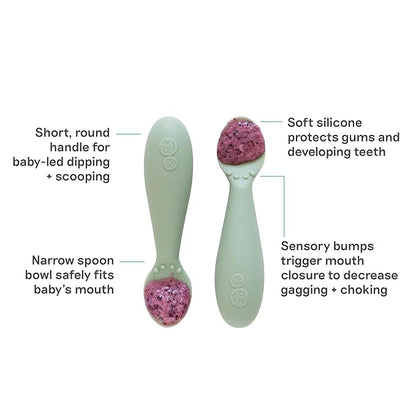 ezpz Tiny Spoon (2 Pack in Sage) - 6 Months+ - 100% Silicone Spoon for Baby Led Weaning + Purees - Designed by a Pediatric Feeding Specialist - Shower Essentials & Gifts