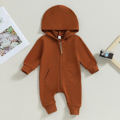 allshope Newborn Baby Boy Girl Fall Outfit Romper Long Sleeve Hooded Solid Zipper Onesie Jumpsuit Bodysuit Infant Clothes