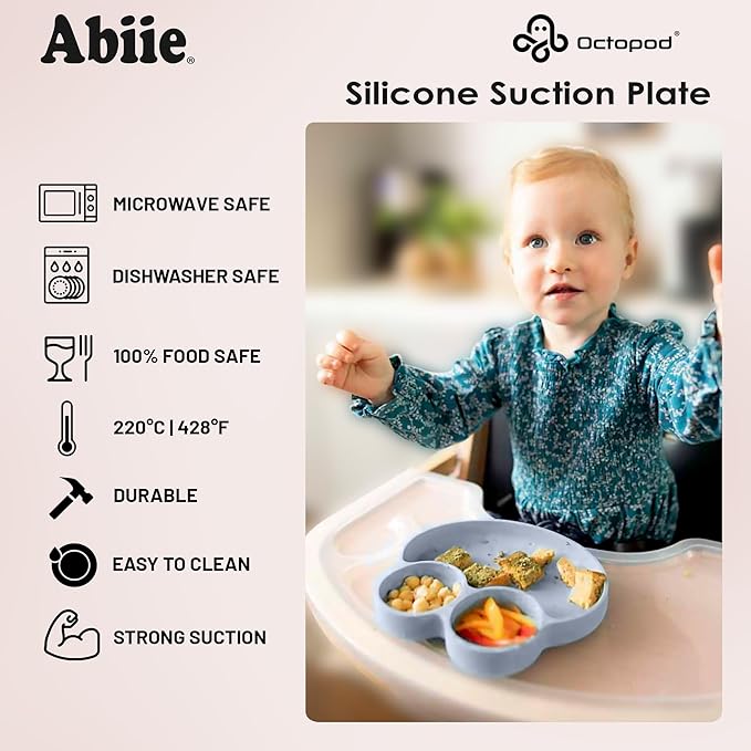 Abiie Octopod Frog Silicone Plates with Suction - Spill Proof, Easy to Clean - BPA-Free Bowl - Suction Plates for Baby and Toddler - Training & Feeding Divided Grip Dish (Turquoise)