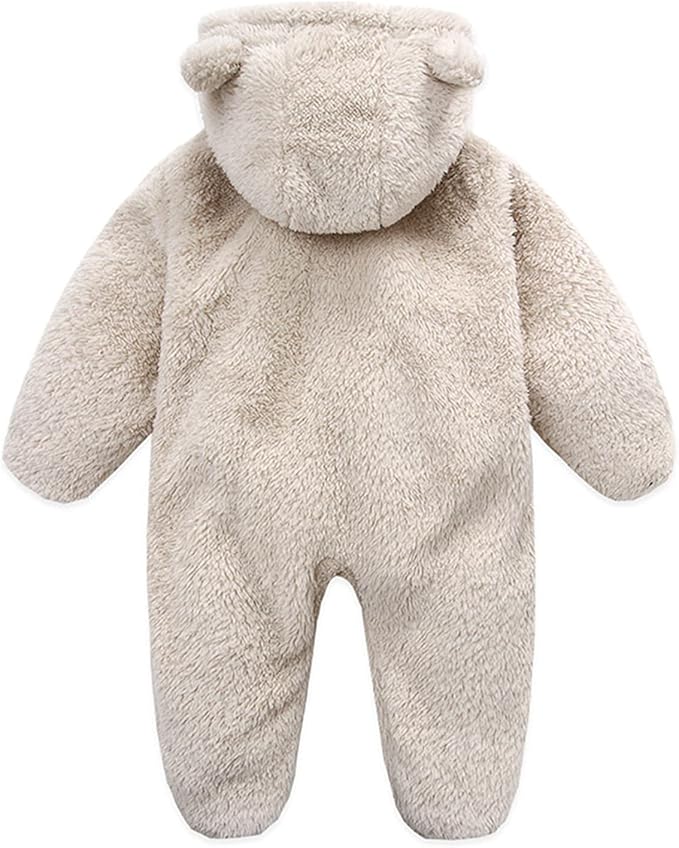 Baby Furry Jumpsuit Infant Bear Onesies Zipper Long Sleeve One-Piece Romper Hoodie Baby Outwear Snowsuit