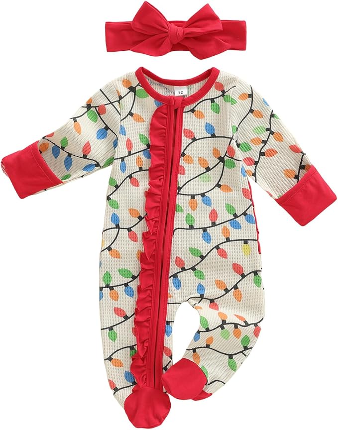 Baby Girl Boy Christmas Outfit Long Sleeve Lights Zipper Footie Romper Cute Newborn Infant Waffle Jumpsuit
