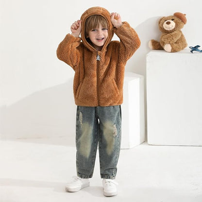 Baby Toddler Boys Girls Fleece Jacket with Hood Zip Up Cute Bear Coats for Infant Boys Girls Fuzzy Jacket with Ear 1-5T