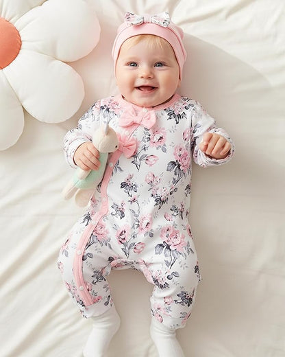 Mioglrie Newborn Baby Girl Clothes Long Sleeve Romper Infant Fall Winter Outfits Floral Hat Jumpsuit Preemie Girl Clothes