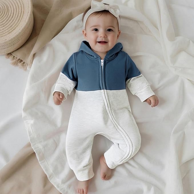 Newborn Baby Boy Fall Outfit Romper Long Sleeve Hooded Contrast Color Zipper Onesie Jumpsuit Bodysuit Infant Clothes