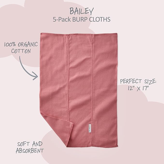 Bailey 5-Pack Burp Cloths 100% Organic Cotton Knit for Newborn & Baby Boys & Girls, Sunset, One Size