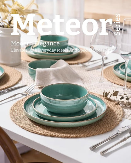 Famiware Meteor Plates and Bowls Sets for 4, 12 Pieces Dinnerware Sets, Microwave and Dishwasher Safe Dishes Set, Peacock Green