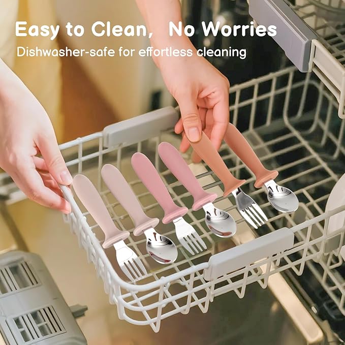 Toddler Spoons and Forks Set, 6 Pack Kids Silverware with Silicone Handle, BPA Free, 18/8 Stainless Steel Children Safe Toddler Utensils, Dishwasher Safe