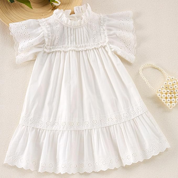 Summer Toddler Girls’ Cotton - Spandex Frilled Princess Dress with Lace Trim and Flutter Sleeves