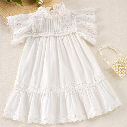 Summer Toddler Girls’ Cotton - Spandex Frilled Princess Dress with Lace Trim and Flutter Sleeves
