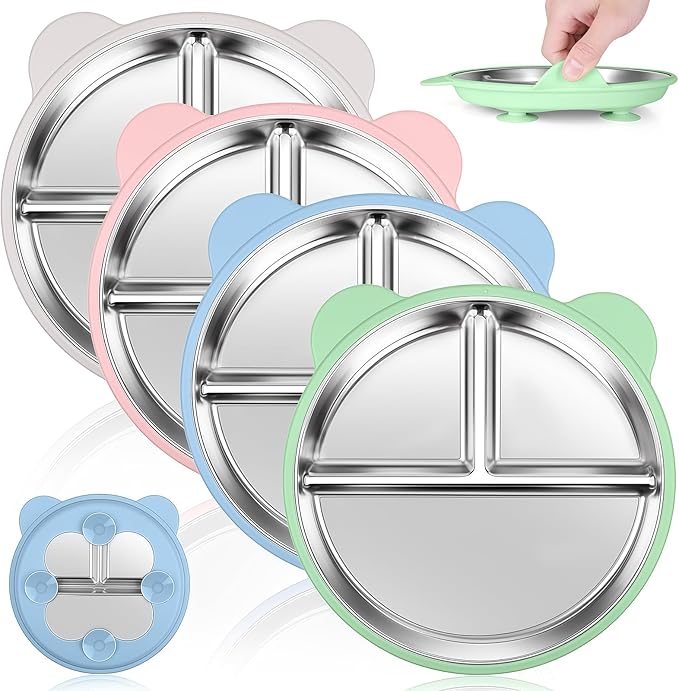 4 Pack Stainless Steel Toddler Plates with Suction - 9" Kids Divided Plates Removable Silicone Sleeves for Baby Led Weaning, Bear Ear Design Non Slip BPA-Free Dishwasher Safe