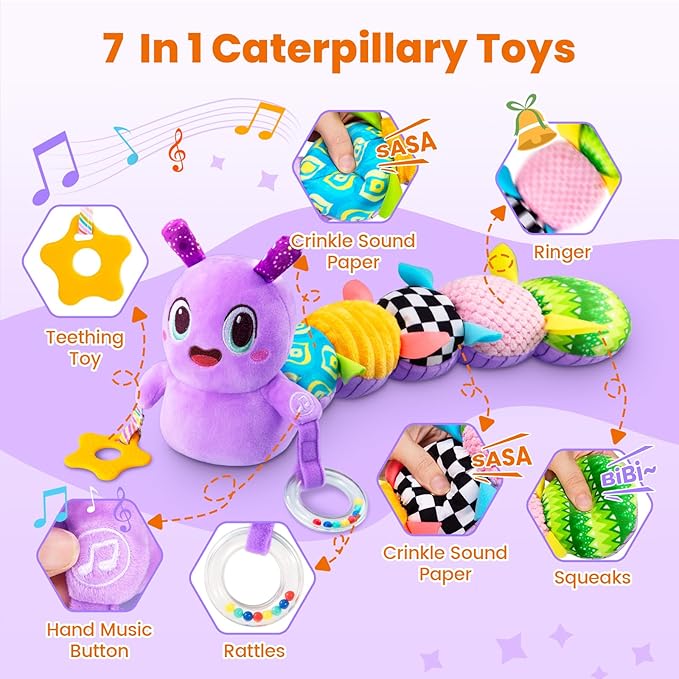Baby Toys 0-6 Months, Washable Baby Musical Caterpillar Toys with 10 Kid's Songs,Rattles,BabyTeething Toys,Suitable for 0-6, 6-12 Months Infant Tummy Time Toy,Newborn Baby Boy&Gril Gifts(Purple)