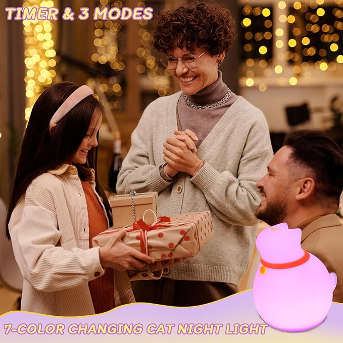 7-Color Changing Cat Night Light, Silicone Rechargeable Nursery Light with Timer & 3 Modes, Kids Bedroom Lamp Touch Sensor (Cute Animal Design)