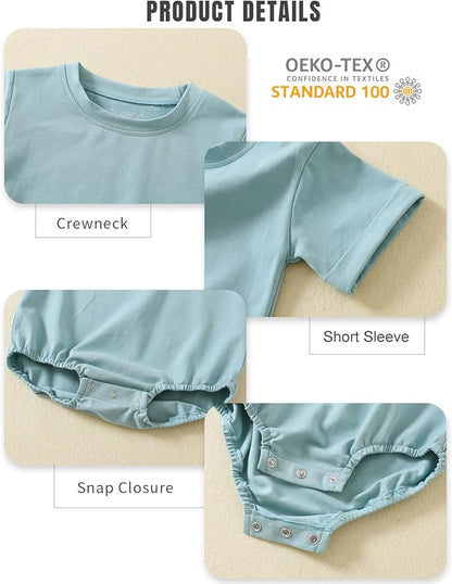 Jimonda Baby Boy Girl Bubble Romper Solid Color Bodysuit Short Sleeve Organic Cotton T-Shirt