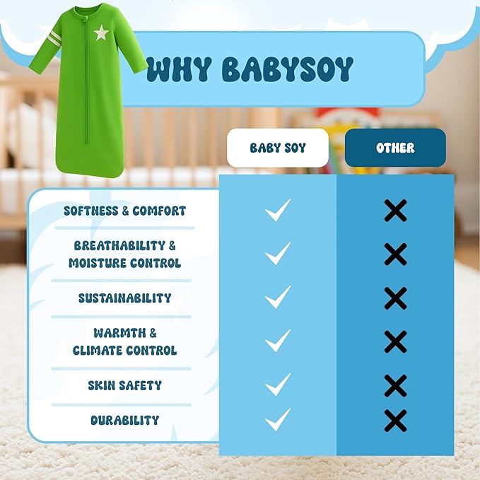 Babysoy Long Sleeve Wearable Blanket Sleep Sack, Infant to Toddler Sleeping Bag, Choose from size 0-24 Months