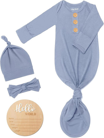Soft Baby Knot Gown 0-3 Months, Newborn Announcement Sleepers With Mitten Cuffs and Personalized Wooden Name Tag
