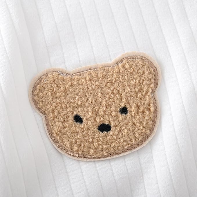 Baby Ribbed Romper and Hat Set with Bear Applique, 100% Cotton Infant Bodysuit, White, Long Sleeve