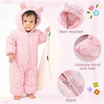 JiAmy Baby Snowsuit Baby Printed Winter Clothes With Flod-Over Girl Boy Hooded Outfits Jumpsuit Coat