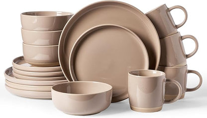 Famiware Milkyway Stoneware Dinnerware Sets with Mugs, Service for 4 (16pcs), Plates and Bowls Sets, Scratch Resistant, Microwave and Dishwasher Safe Dishes Set, Cinnamon Brown