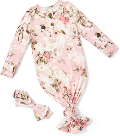 PATPAT Baby Sleeper Gown with Bamboo Viscose for Newborn Girls Boys, Knotted Nightgown with Mittens for Infant Home Coming
