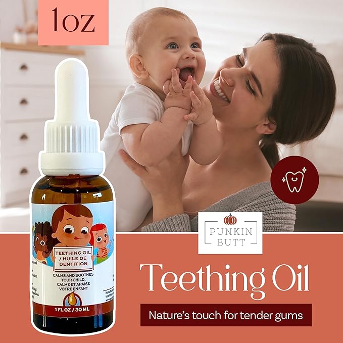 Punkin Butt - Natural Herbal Teething Oil for Babies - Daily Use Soothing Relief Drops | Baby, Infant, Toddler Gum & Tooth Relief | Organic Chamomile, Clove & Peppermint Infusion - 1oz with Dropper