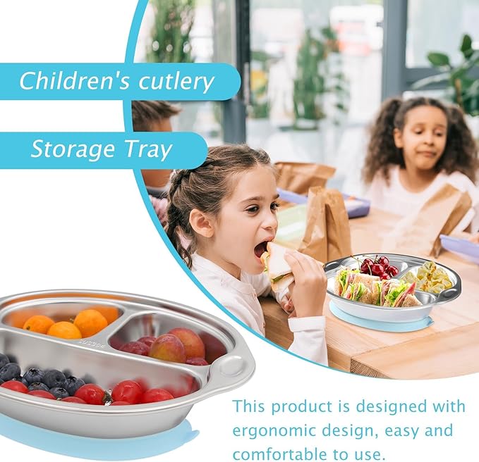 Mrs. Chou® Stainless Steel Kids Plates Suction Plates Divided Baby Plates Toddler Plate, Ideal for Infant Baby-Led Weaning Bowls Non-Toxic Feeding Supplies Dishwasher Safe BPA-Free 100% Food-Grade