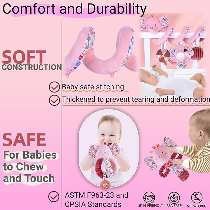 Infant Toys 0-6-12 Months Spiral Car Seat Toy, Baby Stroller Hanging Rattle Stuffed Animal for Babies 0-3-4-5-7 Christmas Newborn Boy Girl Gifts Stocking Stuffers Mirror Crinkle Elephant 3PCS