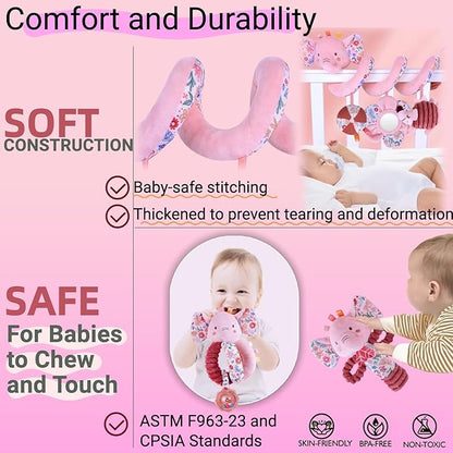 Infant Toys 0-6-12 Months Spiral Car Seat Toy, Baby Stroller Hanging Rattle Stuffed Animal for Babies 0-3-4-5-7 Christmas Newborn Boy Girl Gifts Stocking Stuffers Mirror Crinkle Elephant 3PCS