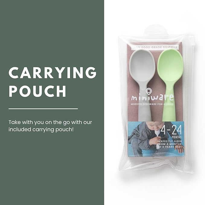 Miniware Silicone Baby Spoon for Training - BPA Free Baby Utensils - Baby Spoons Self Feeding 6 Months | 100% Food Grade Silicone - Modern & Dishwasher Safe Toddler Spoons (Grey & Key Lime)