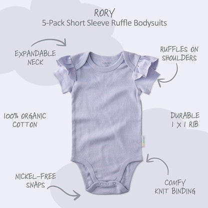 baby-girls Rory 5-pack Short Sleeve Ruffle Shoulder Bodysuits 100% Organic Cotton for Baby Girls