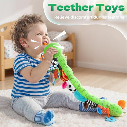 HEMRLY Baby Sensory Toy 0-6 Months, Musical Stuffed Caterpillar Plush with Teether, Crinkle, Rattle, Baby Mirror for Tummy Time, Infant Car Seat Toy for 0-3-6-12 Month Boys Girls Gifts - Winged Green