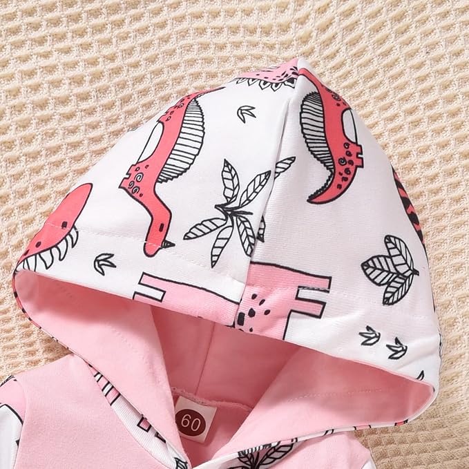 Newborn Infant Baby Girl Dinosaur Outfit Long Sleeve Hoodie Romper Bodysuit and Pants with Headband Set